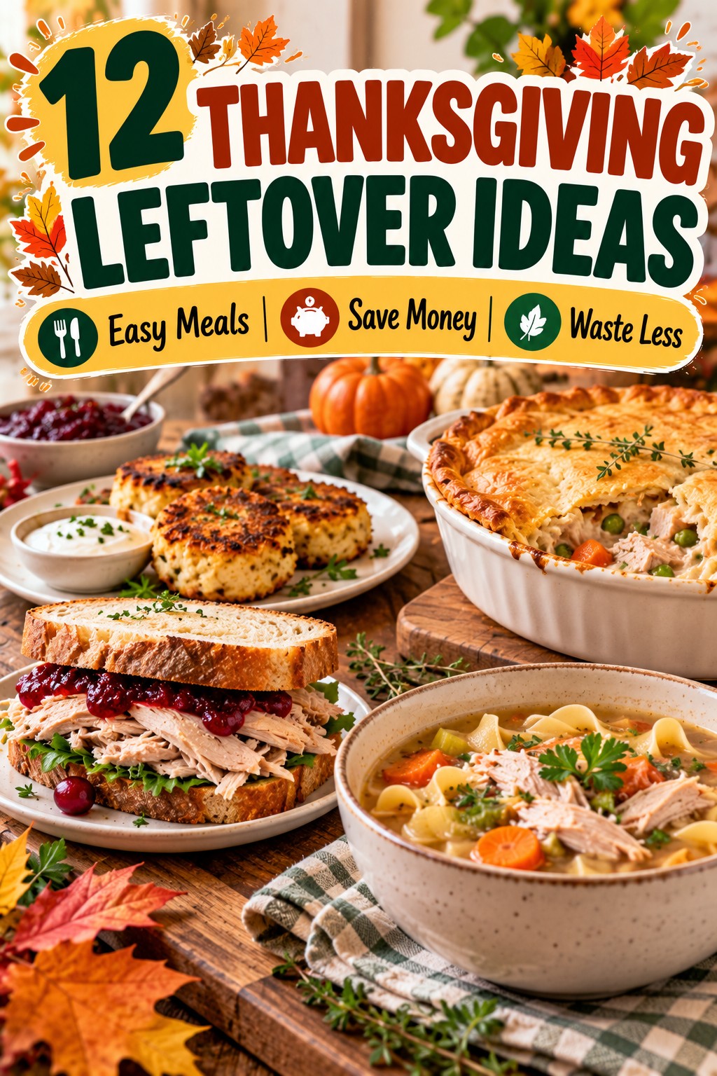Thanksgiving leftover meal ideas featuring turkey noodle soup, a turkey and cranberry sandwich, mashed potato cakes, and turkey pot pie.