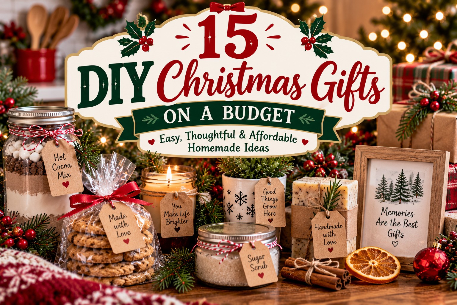 15 DIY Christmas gifts on a budget featuring homemade hot cocoa mix, cookies, sugar scrub, candles, handmade soap, and personalized keepsakes