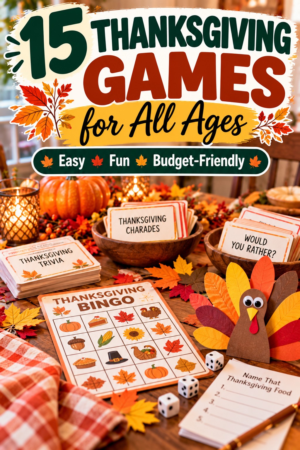 15 Thanksgiving games for all ages featuring Thanksgiving bingo, trivia cards, charades, Would You Rather questions, and a colorful paper turkey craft