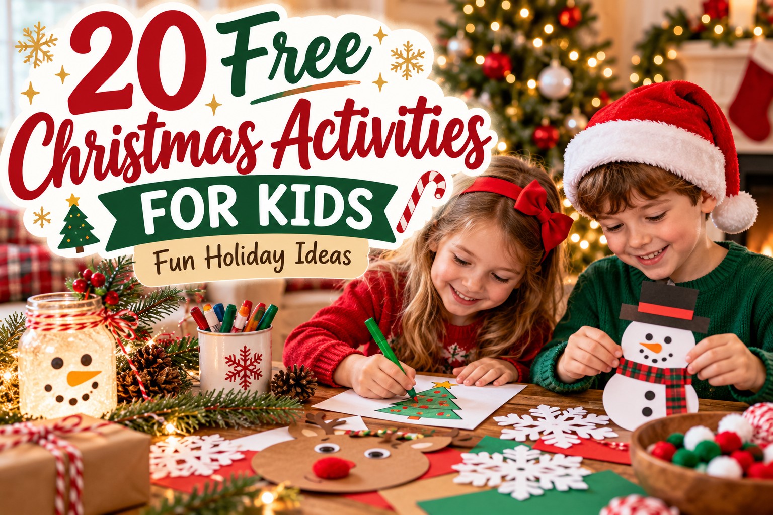 Two children enjoying free Christmas activities, including coloring a Christmas tree, making paper snowflakes, and creating homemade holiday crafts