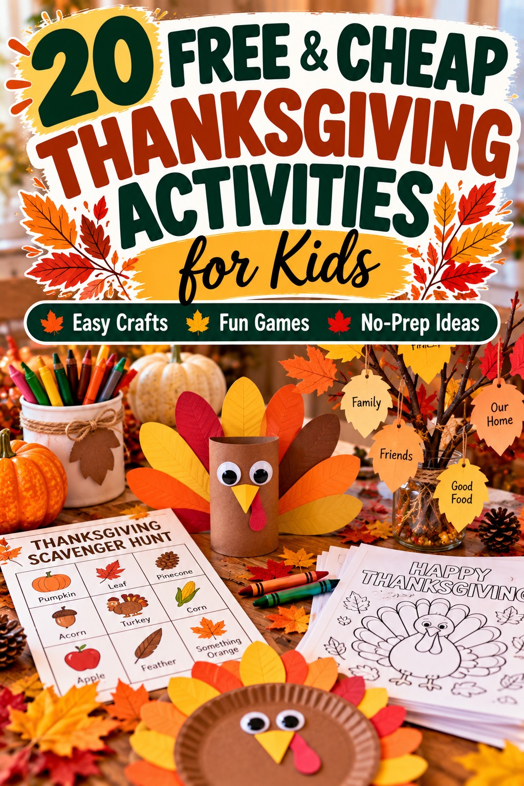 20 free and cheap Thanksgiving activities for kids featuring paper turkey crafts, a gratitude tree, Thanksgiving scavenger hunt, coloring pages, and crayons