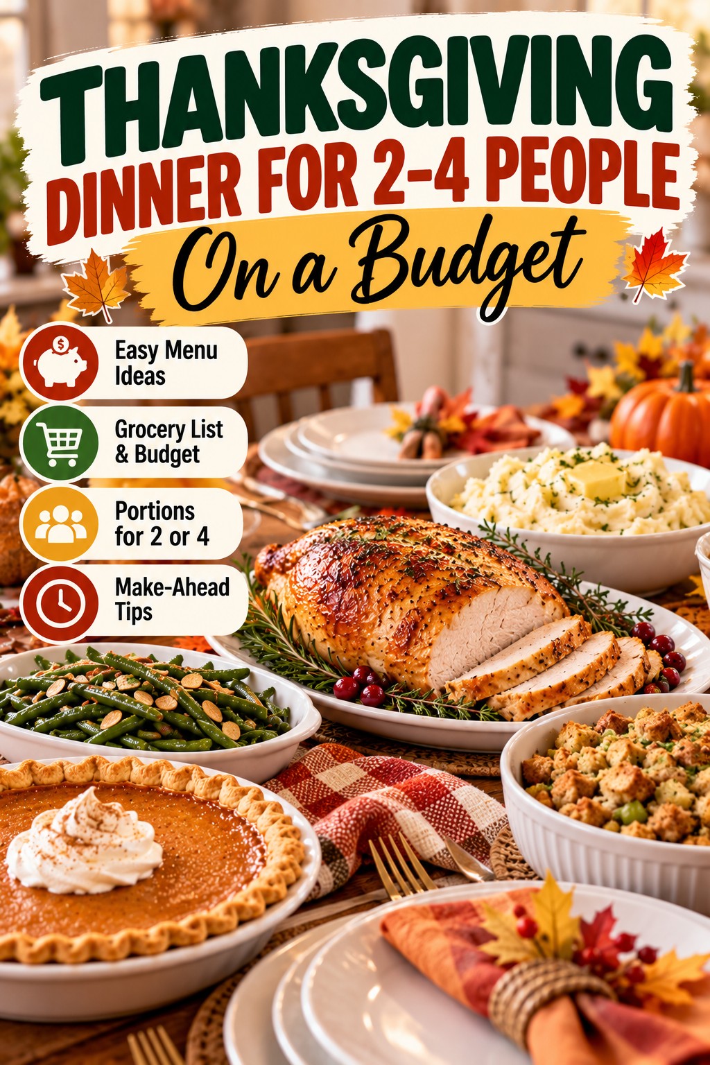 Thanksgiving dinner for 2 to 4 people on a budget with turkey breast, mashed potatoes, green beans, stuffing, and pumpkin pie