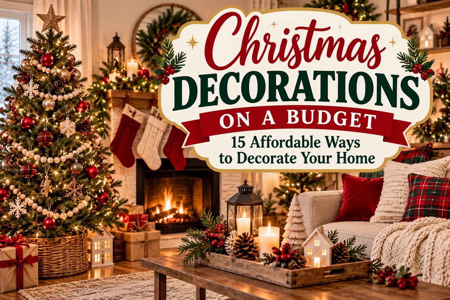 Cozy Christmas living room decorated on a budget with a festive tree, handmade ornaments, garlands, stockings, candles, and affordable holiday decorations