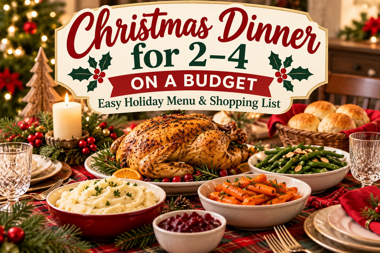 Christmas dinner for 2–4 on a budget featuring roasted chicken, mashed potatoes, green beans, glazed carrots, cranberry sauce, and dinner rolls on a festive holiday table