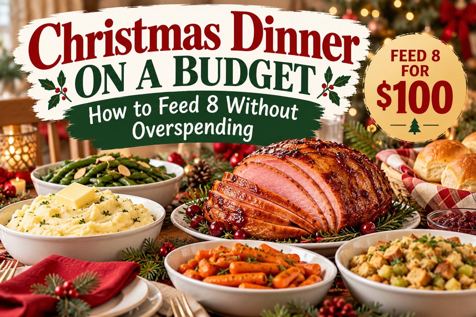 Christmas dinner on a budget with glazed ham, mashed potatoes, green beans, roasted carrots, stuffing, and dinner rolls