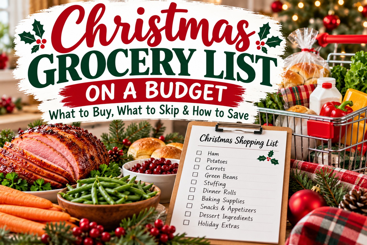 Christmas grocery list on a budget with a holiday shopping checklist, glazed ham, vegetables, dinner rolls, and a grocery cart filled with Christmas meal ingredients