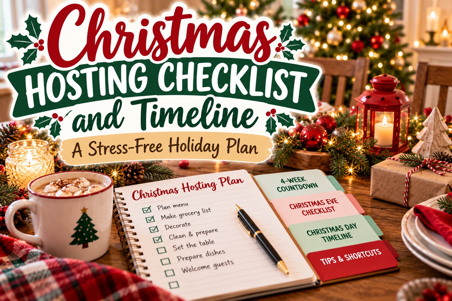 Christmas hosting checklist and timeline featuring a holiday planning notebook, four-week countdown, Christmas Eve checklist, and Christmas Day preparation schedule