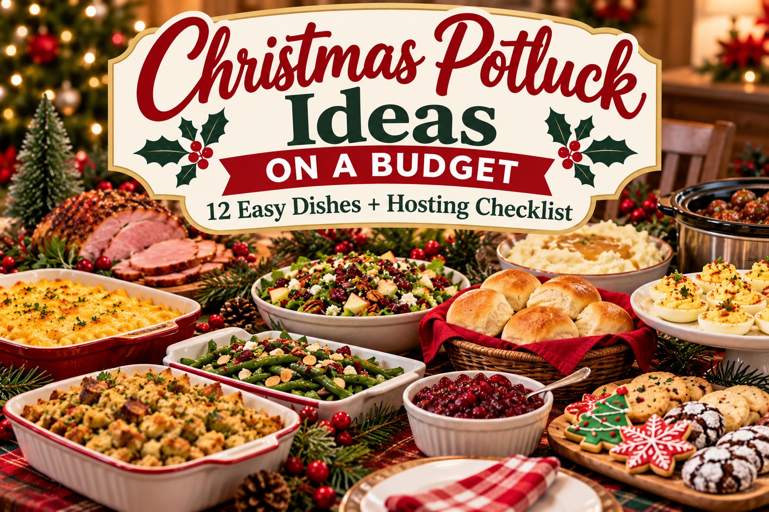 Christmas potluck ideas on a budget featuring glazed ham, macaroni and cheese, stuffing, green beans, deviled eggs, dinner rolls, and Christmas cookies
