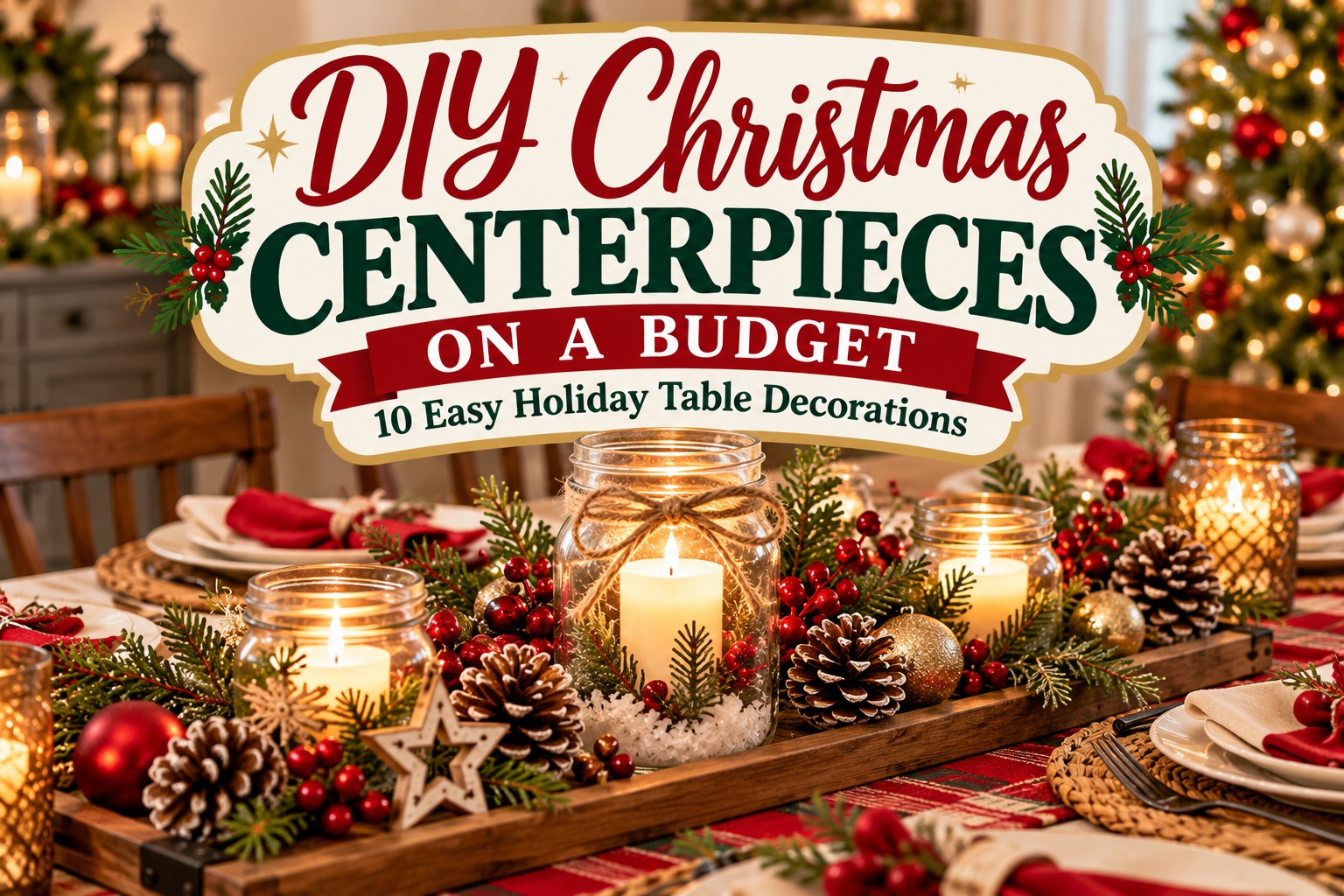 DIY Christmas centerpieces on a budget featuring mason jar candles, evergreen branches, pinecones, red berries, gold ornaments, and rustic holiday table decorations