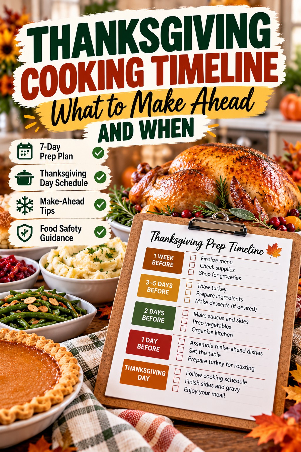 Thanksgiving cooking timeline with a 7-day prep checklist, make-ahead tips, and Thanksgiving Day schedule