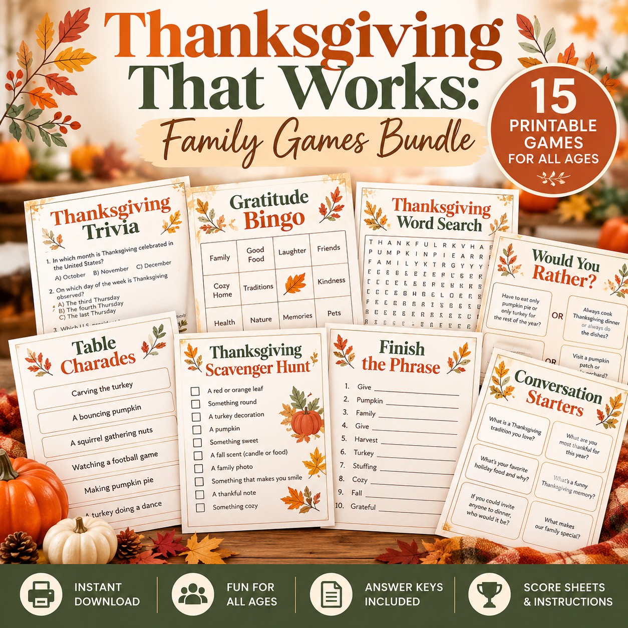 Thanksgiving That Works Family Games Bundle featuring 15 printable Thanksgiving games for all ages