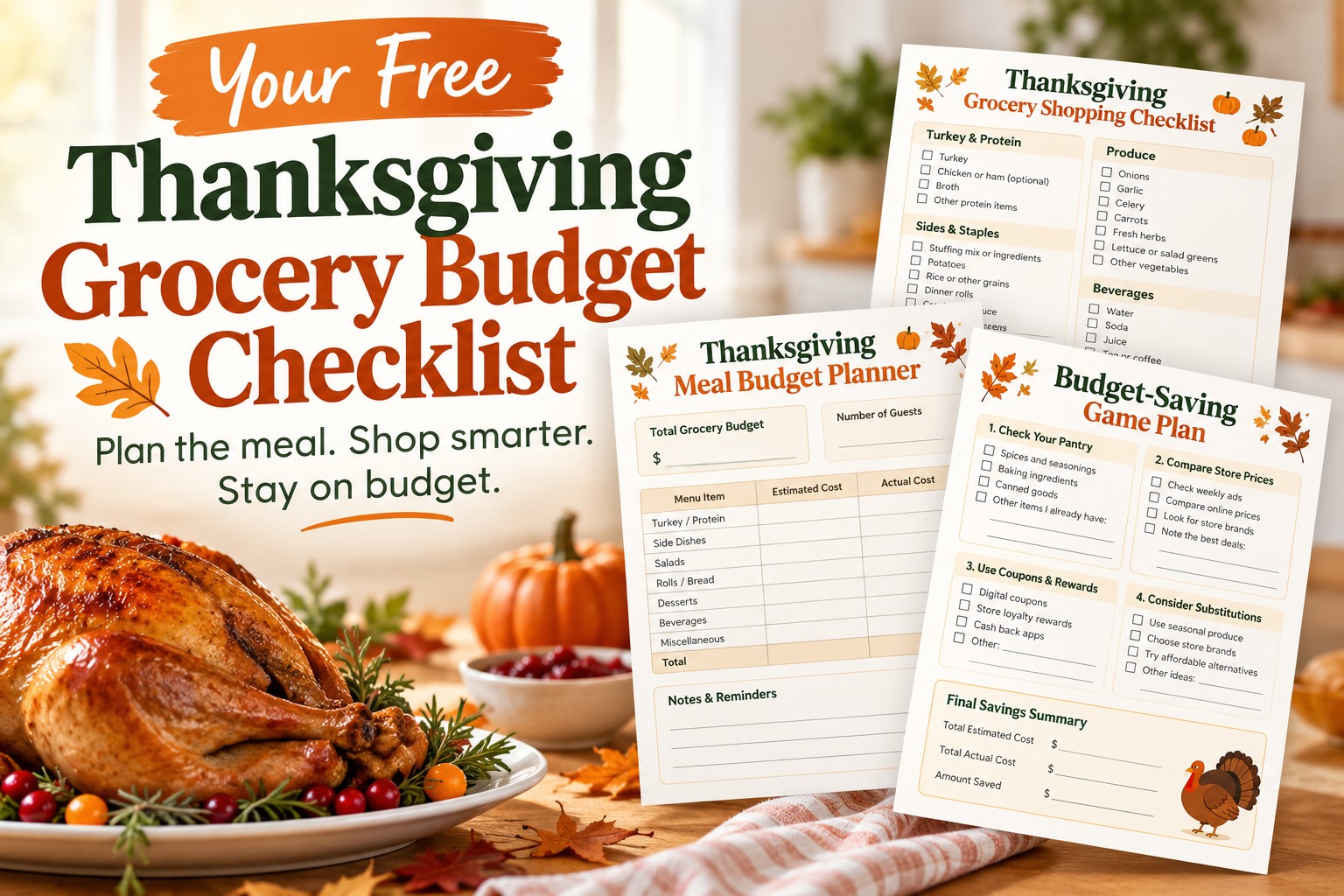 Free Thanksgiving Grocery Budget Checklist featuring a meal budget planner, grocery shopping list, and budget-saving game plan.