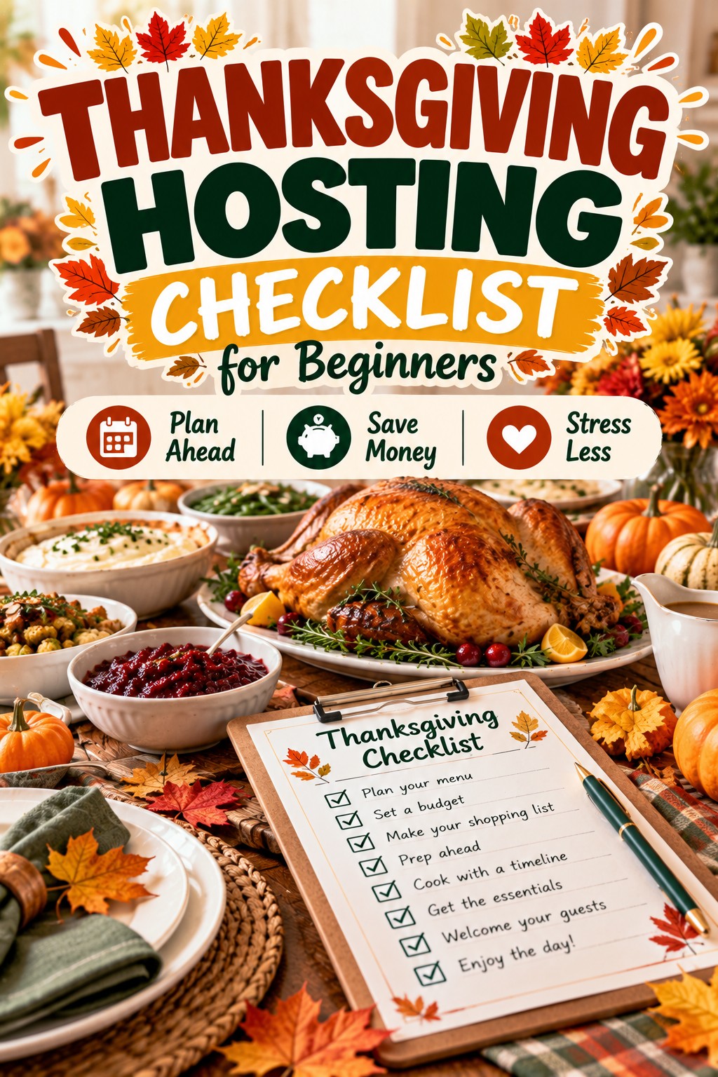Thanksgiving hosting checklist for beginners featuring a roasted turkey, holiday side dishes, and a planning checklist for menu, budget, shopping, and cooking.