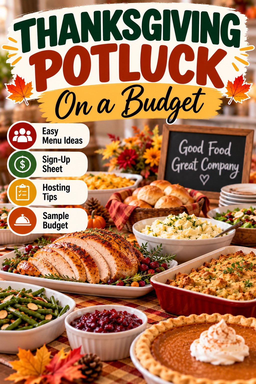 Thanksgiving potluck on a budget with an affordable holiday buffet, easy menu ideas, sign-up sheet, and hosting tips
