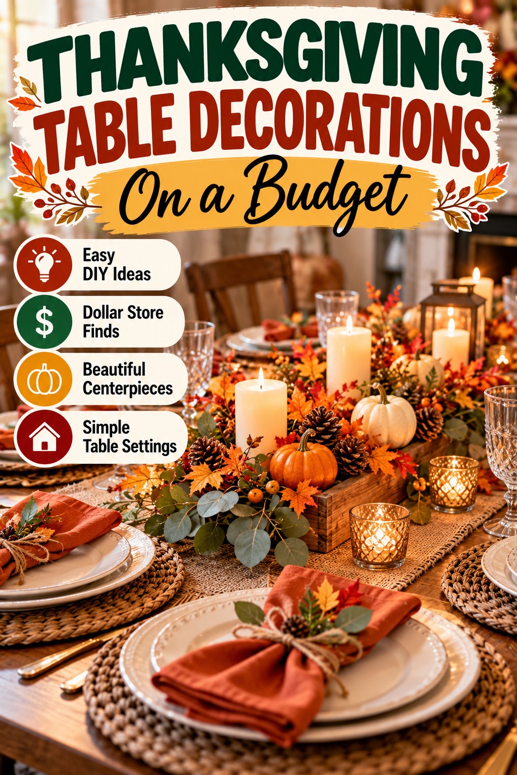 Thanksgiving table decorations on a budget featuring a DIY pumpkin centerpiece, candles, fall greenery, and simple place settings