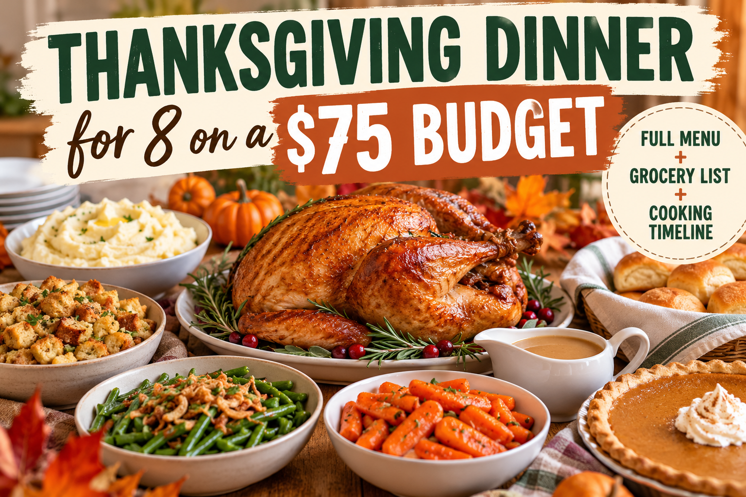 Thanksgiving dinner for eight on a $75 budget, featuring turkey, mashed potatoes, stuffing, vegetables, rolls and pumpkin pie