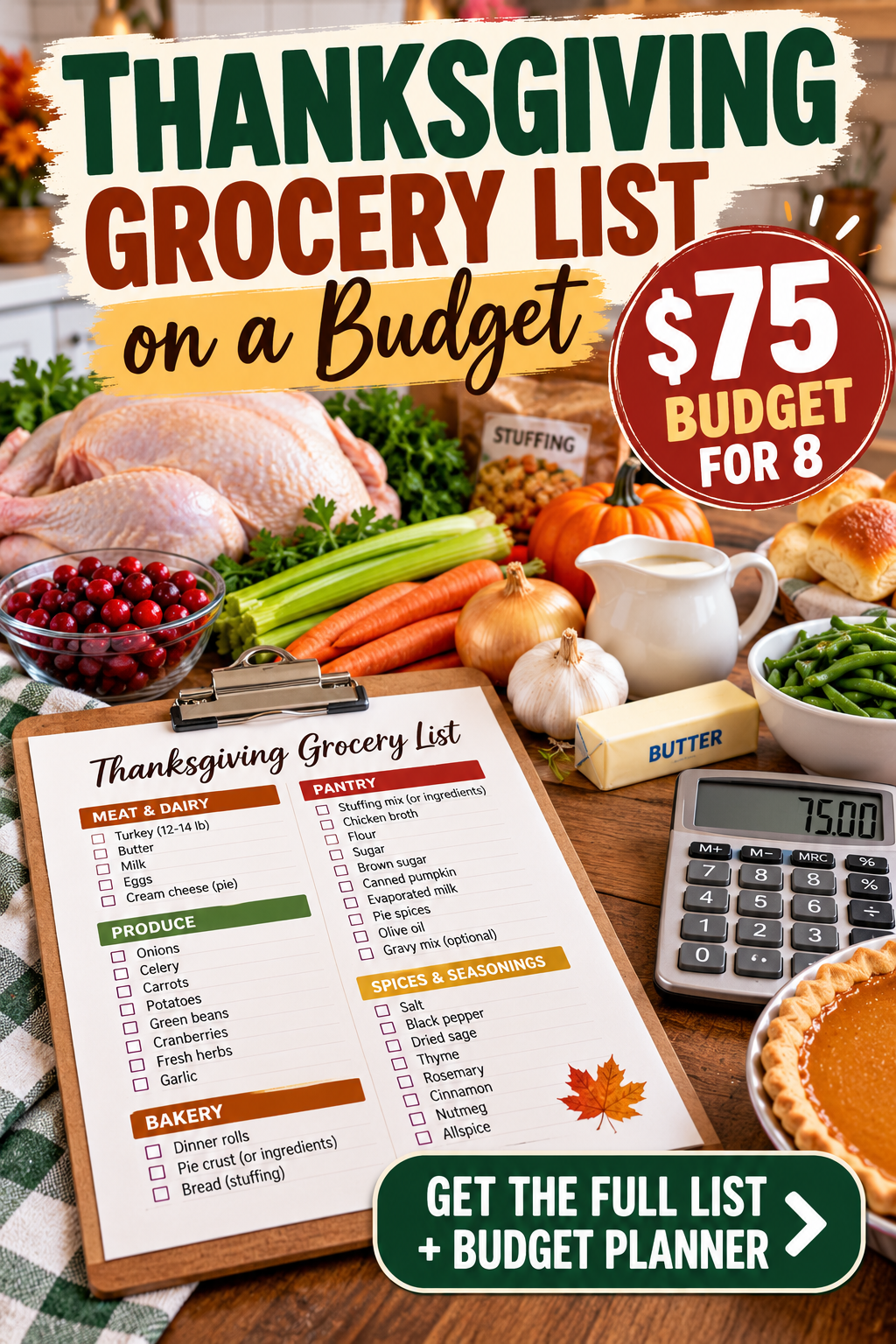 Thanksgiving grocery list on a budget with a $75 meal planning target for eight people